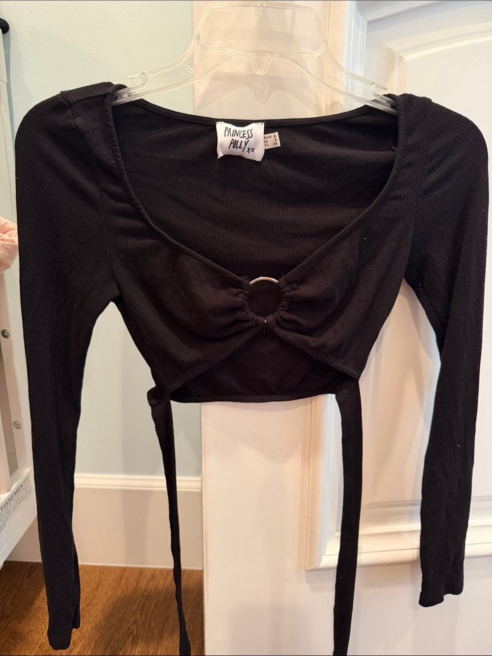 Princess Polly Black Long Sleeve Ring-Front Tie Crop Top